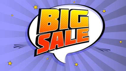 Big sale pop art splash background, explosion in comics book style. Advertising signboard, price reduction, sale with halftone dots, cloud, beams light on backdrop. Vector for ad, covers, posters.