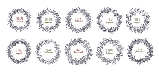floral round wreaths set. hand drawn frames, vector collection.
