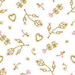 Light seamless pattern with golden glitter texture leafs and flowers. Background, fabric, textile