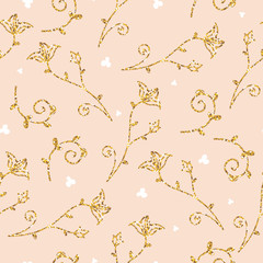 Light seamless pattern with golden glitter texture leafs and flowers. Background, fabric, textile