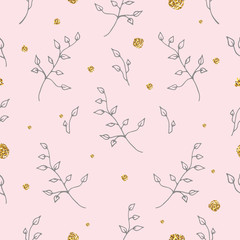 Light seamless pattern with golden glitter texture leafs and flowers. Background, fabric, textile