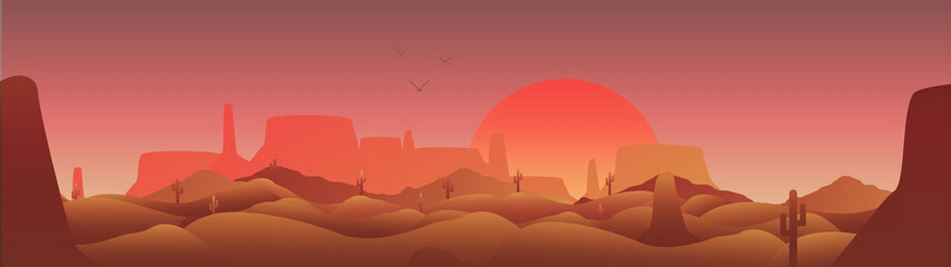 Desert Panorama with Cactus and Mesa  - Vector Illustration - 158716233