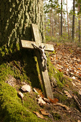droga krzyżowa - wielki post - krzyż - stary drewniany krzyż w lesie jesienią - kościół - jezus na krzyżu - obrazy, fototapety, plakaty