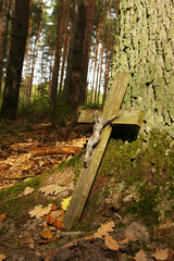 stary drewniany krzyż w lesie jesienią - obrazy, fototapety, plakaty