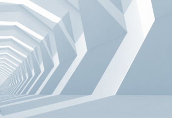 Empty blue white tunnel interior perspective, 3d