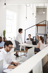 Woman briefing colleagues in an open plan office, vertical