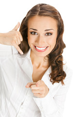 Business woman making call me gesture, isolated