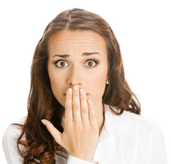Business woman covering mouth, isolated