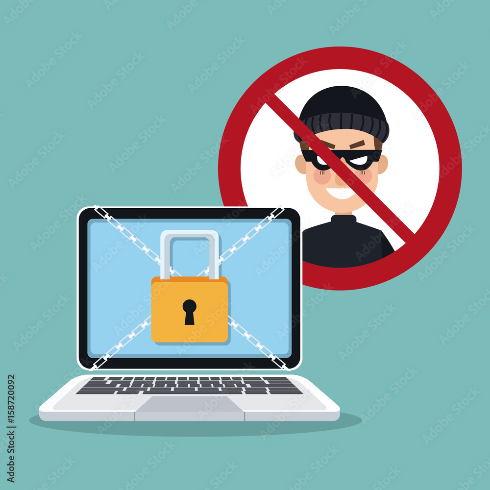 Poster blue color background laptop with security padlock with chains crossed and prohibited hacker signal 