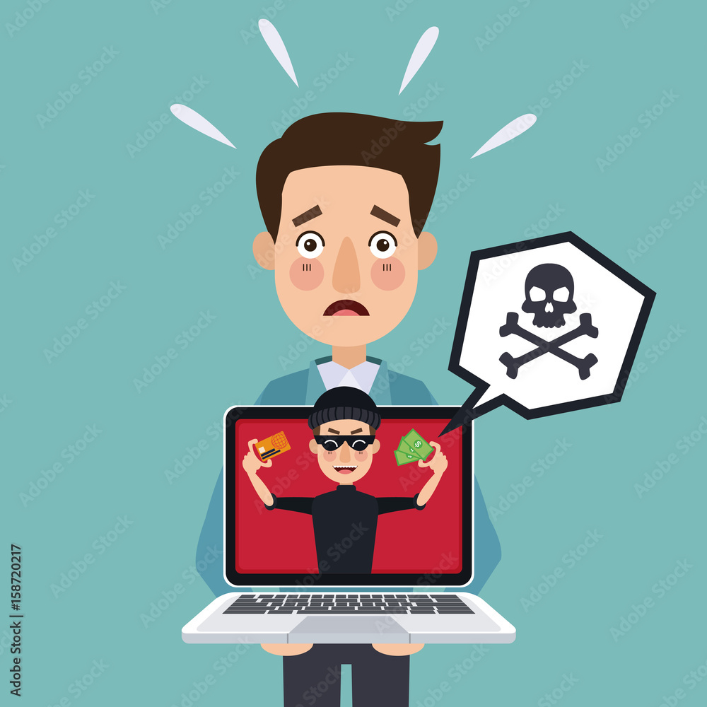 Poster blue background programmer man with laptop and thief man hacker stealing against security vector ill
