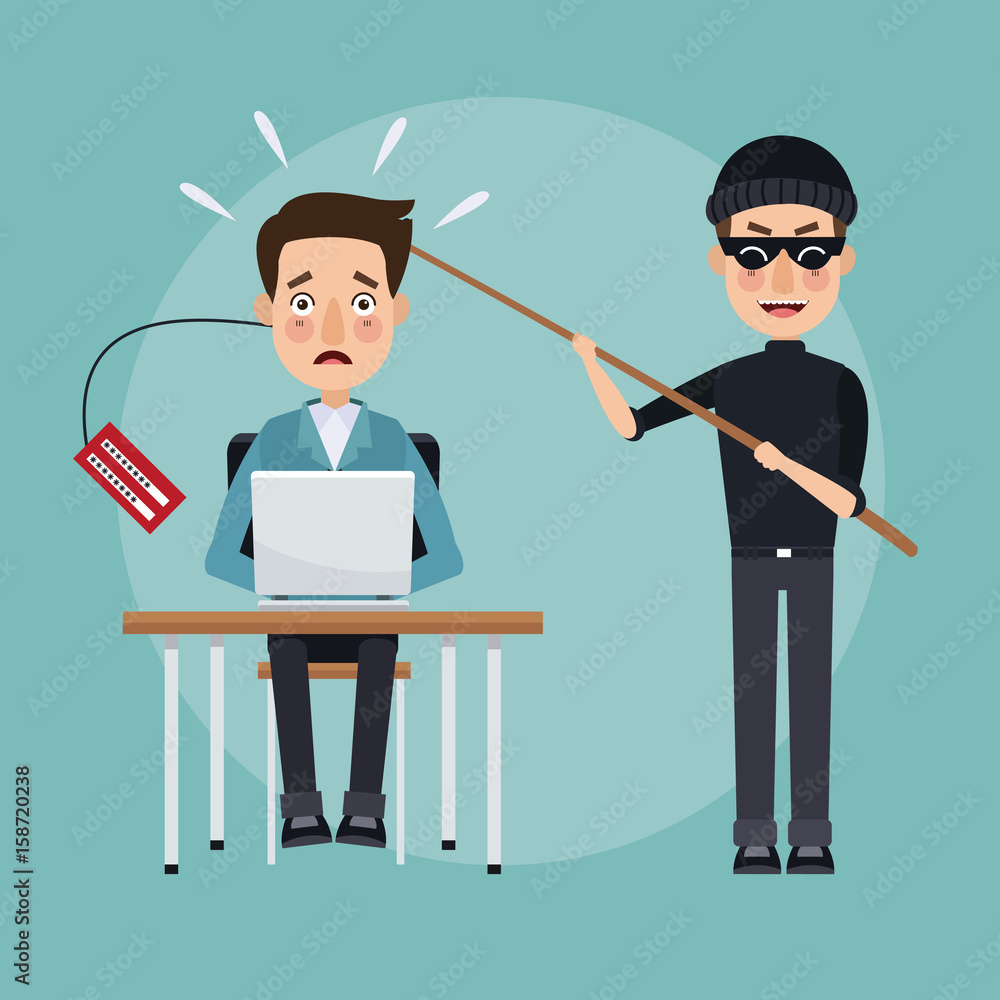 Poster scene color programmer man in desk with laptop and thief man hacker stealing information vector illu