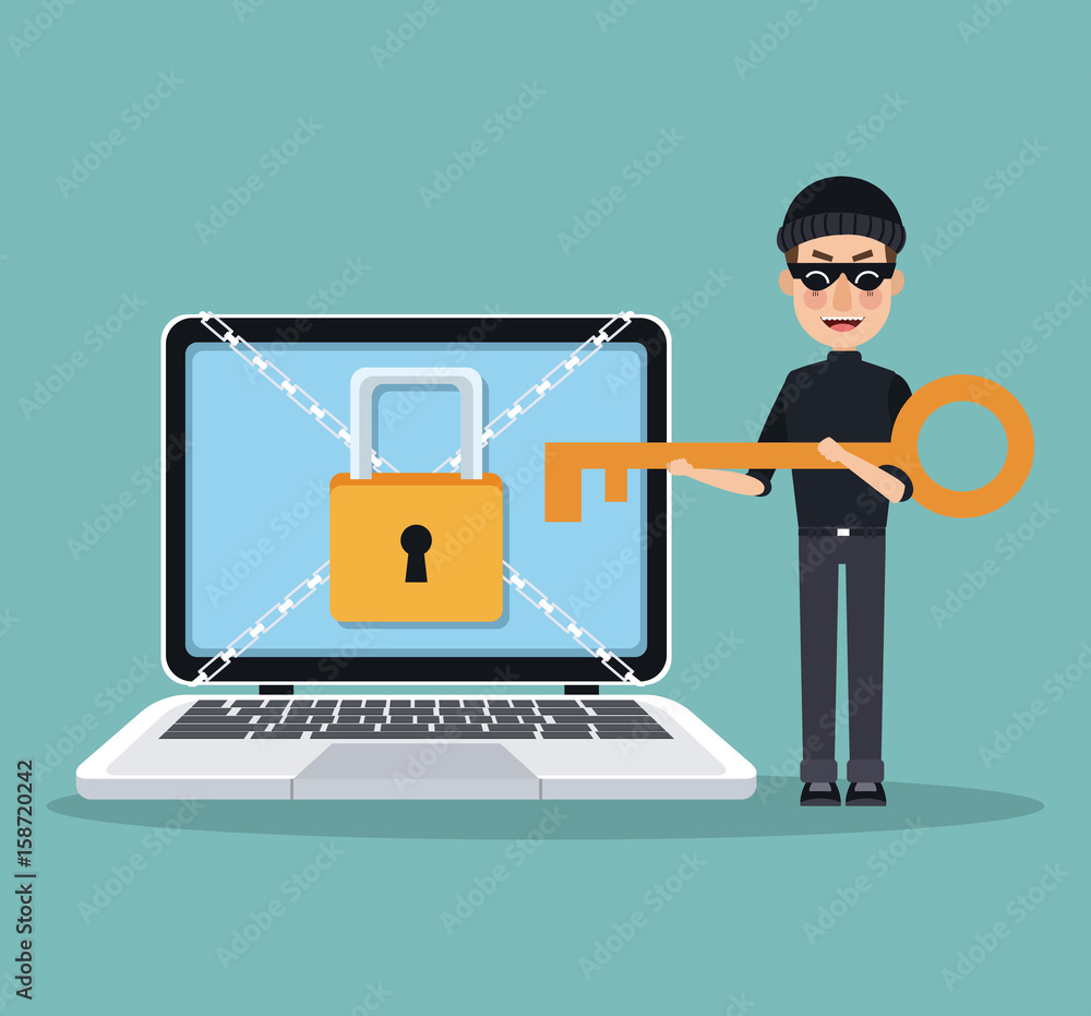 Poster scene color laptop with padlock and chains crossed and thief man hacker with key to stealing vector 