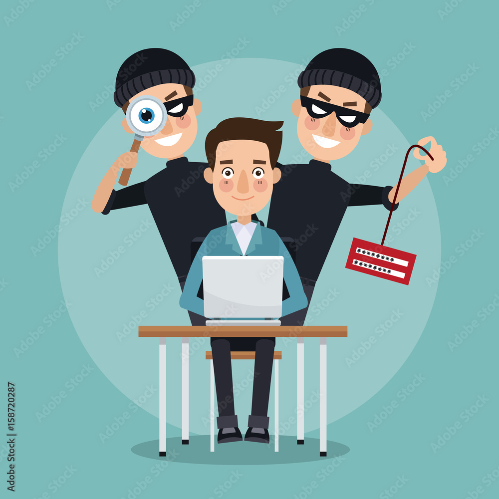 Poster scene color programmer man in desk with laptop and pair thief men hacker stealing information and sp