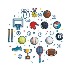 Colorful sports related objects over white background vector illustration
