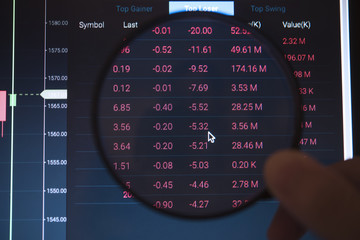 business hand holding magnifying glass with number stock graph on computer notebook screen. concept finance invesment trading.