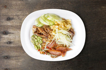 Rice Mixed with Shrimp paste on wooden table.