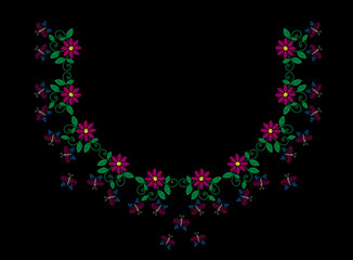 Embroidery stitches imitation fashion frame with folk flower, butterfly and leaf