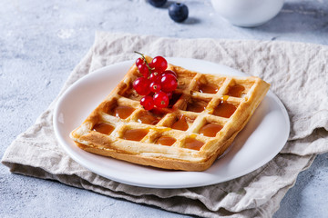 Breakfast with homemade square belgian waffles with fresh ripe berries red currant and caramel sauce on white plate with jug of milk and textile napkin over gray texture background. Close up