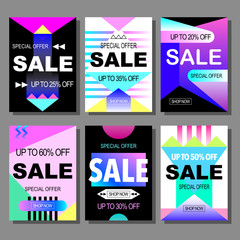 Super sale colorful bright posters set. Promo department store. Fashion product discount . Vector illustration. 80s - 90s Memphis style.