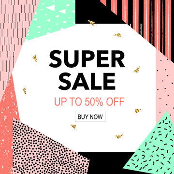 Super sale colorful bright poster promo department store. Fashion product discount . Vector illustration. 80s - 90s Memphis style.