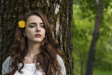 A girl with long hair and a yellow dandelion is standing by the trunk of a poplar