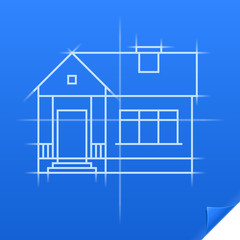 Drawing of a house on blue paper, drawing of a house, drawing paper