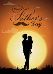 Happy Father's Day, silhouette of a father holding Daughter.full moon background.Vector illustration