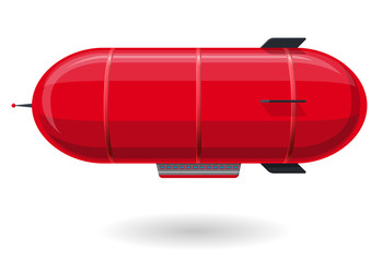 Red humorous airship. Stylized flying balloon as toy. Small dirigible with antenna and rudder. Funny zeppelin on white background. Cute rigid airship. Master vector isolated illustration.