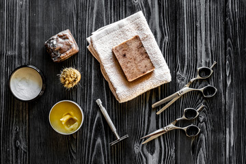 Tools for cutting beard barbershop top view on wooden background