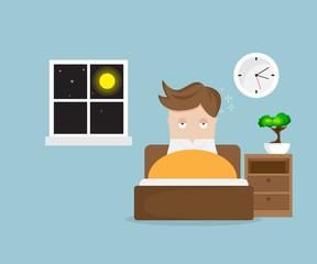 sleepless man cartoon character on bed in night