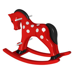 Красная детская лошадка-качалка в белый горошек, с черным хвостом и гривой, на белом фоне