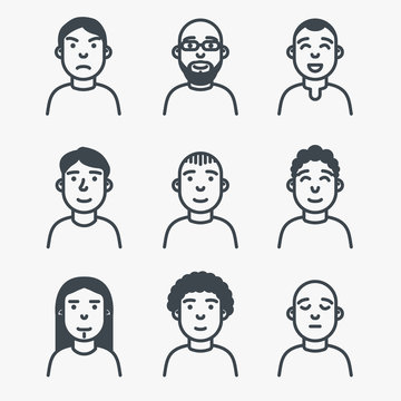 Set of avatars. Line style faces of man. Different facial expression, happy, sad, serious. Glasses, beard and styles of haircut. Customizable vector file.