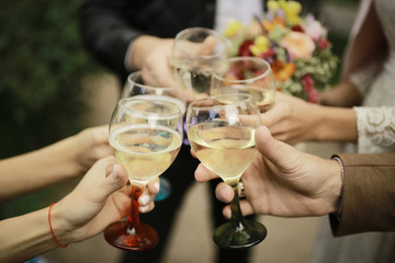 Glasses of the hand celebrating alcoholic clinking glasses