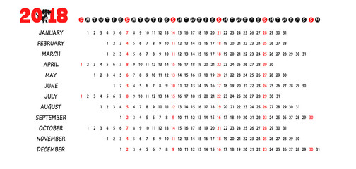 Calendar 2018 in a minimalist style. Template. Dog symbol of New Year 2018. 
