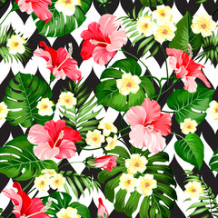 Panele Szklane Podświetlane  Tropikalny wzór. Letnie kwiaty plumerii i hibiskusa w próbce tkaniny. Piękna płytka z tropikalnymi kwiatami na białym tle nad kolorem tła. Plumeria Blossom do swojego projektu.