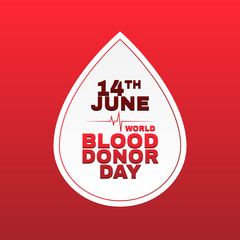World blood donor day vector illustration card. 14 june. Simple white drop logo poster on red background