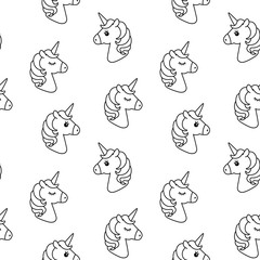 Unicorn vector seamless pattern. Horse head sleep. Black and white outline icon isolated. Cute magic cartoon fantasy animal. Dream symbol. Design for children, textile texture, baby interior