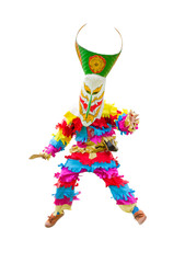Ghost mask and costume colorful Phi Ta Khon festival  on June  Young people dress in spirit and wear a mask, sing and dance at Loei province Thailand on white background.