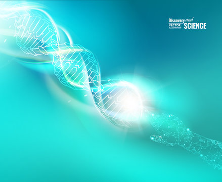 Science concept image of human hand touching DNA. Blue light abstraction of digital art. Vector illustration.