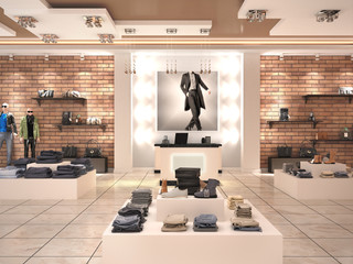 Modern men's fashion store in the mall. 3d illustration - obrazy, fototapety, plakaty