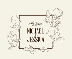Fototapeta premium Marriage invitation card with custom sign and magnolia flower frame over white background. Vector illustration.
