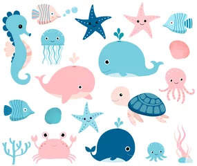 Abwaschbare Fototapete Meeresleben Niedliches Ozean-Set mit Meerestieren für Mädchen und Jungen, Sommer, Babyparty und Geburtstagsdesigns