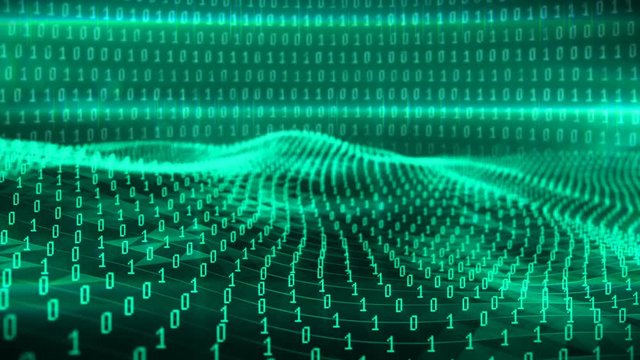 Beautiful abstract animation of the green binary waves with binary digits 1 and 0 and motion binary code on background. Simulation symbolizes the sea of information on the world global web.
