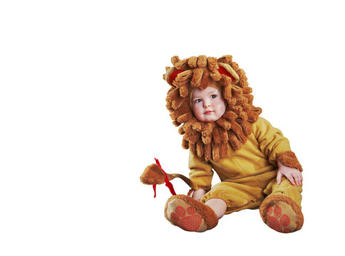 Adorable Kid In Lion Costume On White Background Isolated