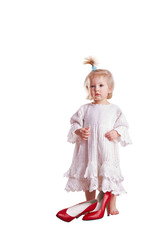 Small girl with high hilt red shoes shopping problems concept