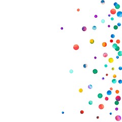 Sparse watercolor confetti on white background. Rainbow colored watercolor confetti scatter top gradient. Colorful hand painted illustration.