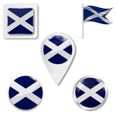 Set of icons of the national flag of Scotland in different designs on a white background. Realistic vector illustration. Button, pointer and checkbox.