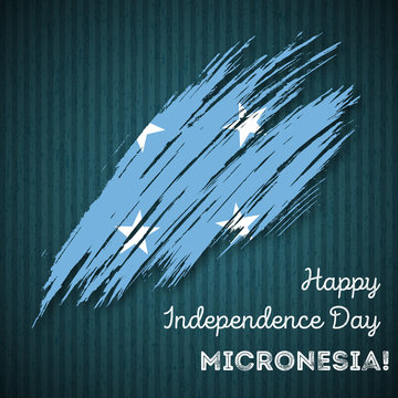 Micronesia Independence Day Patriotic Design. Expressive Brush Stroke in National Flag Colors on dark striped background. Happy Independence Day Micronesia Vector Greeting Card.
