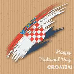 Croatia Independence Day Patriotic Design. Expressive Brush Stroke in National Flag Colors on kraft paper background. Happy Independence Day Croatia Vector Greeting Card.