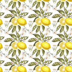 Lemon watercolor seamless pattern. Beautiful hand drawn texture. Romantic background for web pages, wedding invitations, textile, wallpaper.